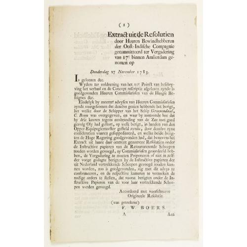 Old map image download for Extract uit de Resolutien door Heeren Bewindhebberen der Oost-Indische Compagnie gecommitteerd ter Vergadering van 17e binnen Amsterdam genomen op Donderdag