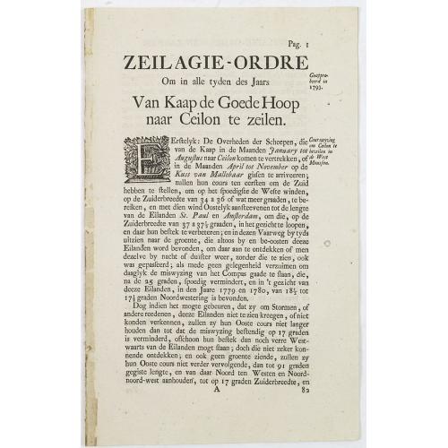 Old map image download for Zeilagie-Ordre om in alle Tyden des Jaars Van Kaap de Goede Hoop naar Ceilon te zeilen.