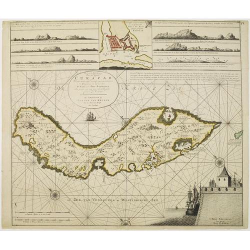 Old map image download for Nieuwe Afteekening van het Eyland Curacao vertoonende alle desselfs geleegentheden mitsgaders de haven van St. Anna en 't Fort Amsterdam int grood, als ook hoe sig dit Eyland uyt der zee vertoont