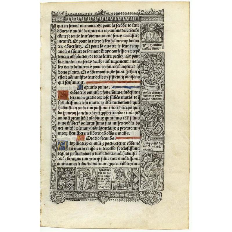 Leaf on vellum from a printed Book of Hours on vellum.