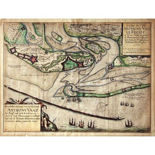 Old map image download for Grondt-Tekening van het Eylandt ANTHONY VAAZ het Reciff ende vaste Landt aen de haven van PERNAMBUCO in Brasil..