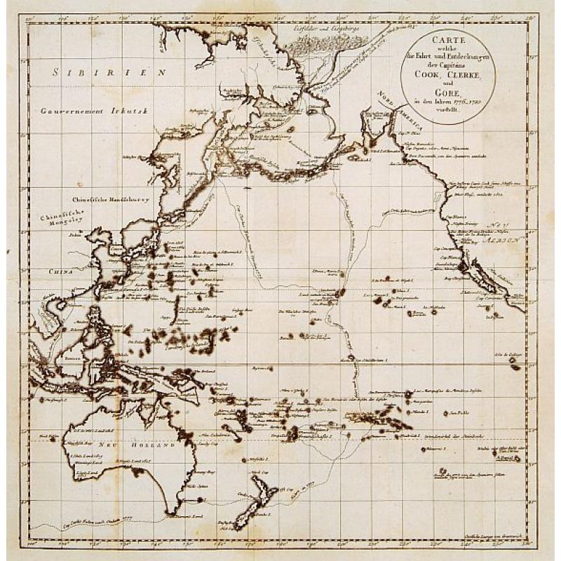 Carte welche die fahrt und Entdeckungen des Capitäns COOK, CLERKE, und GORE, in dem Jahren 1776_1780 vorstellt.