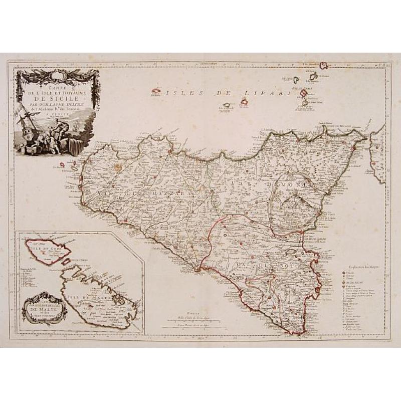 Carte de l'Isle et Royaume de Sicile Par Guillaume Del'Isle.