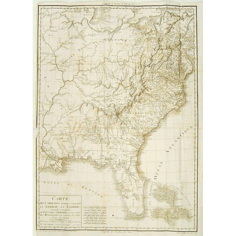 Carte dés Carolines Méridionale et septrionale La Georgie, la Floride.. Le pays des Cherokées ..