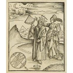 Wood block print showing Ptolemy and Astonomia.