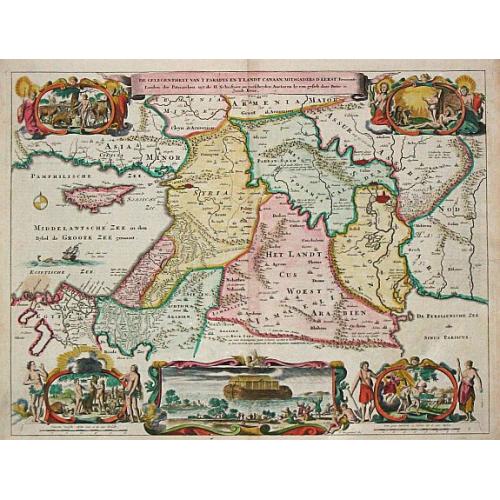 Old map image download for De Gelegentheyt van t' Paradys en t' Landt Canaan, mitsgaders d' eerst bewoonde Landen der Patriarchen.