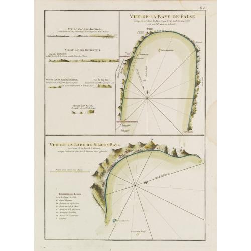 Old map image download for Vue de la Baye de False / Vue de la Rade de Simons-Baye. Vue du Cap des Aiguilles. Vue du Cap des Hottentots. Vue du Cap de Bonne Espérance.