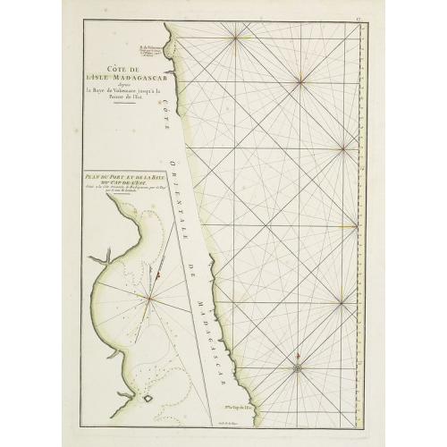 Old map image download for Côte de l'Isle de Madagascar depuis la Baye de Vohemare jusqu'à la pointe de l'Est. Plan du Port et de la Baye du Cap de l'Est.