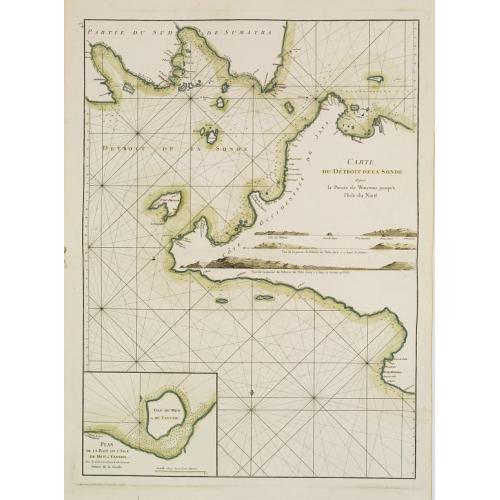 Old map image download for Carte du Détroit de la Sonde depuis la Pointe de winerou jusqu'à l'Isle du Nord.Plan de la Baye de l'Ile de Mew ou Cantaye?