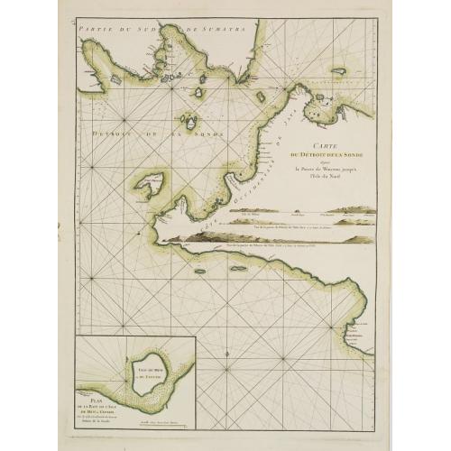 Old map image download for Carte du Détroit de la Sonde depuis la Pointe de winerou jusqu'à l'Isle du Nord.Plan de la Baye de l'Ile de Mew ou Cantaye?