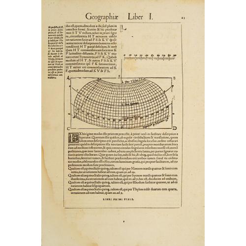 Text page with coordinate net showing meridians and parallels and large initial.