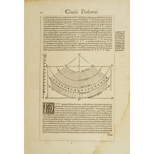Text page with coordinate net showing meridians and parallels and large initial.