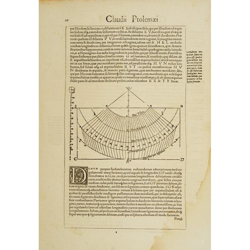 Text page with coordinate net showing meridians and parallels and large initial.