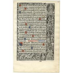 Leaf from a printed Book of Hours on vellum in French.