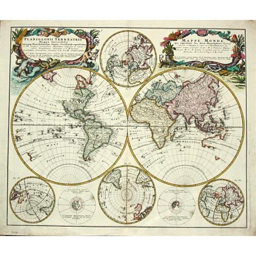 Old map image download for Planiglobbi Terrestris Mappa Universalis Utrumq Hemisphaerium Orient et Occidentale repraesentans / Mappe-Monde qui represente les Deux Hemispheres.