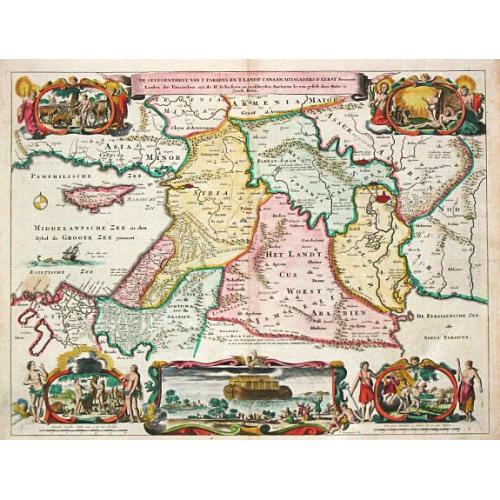 Old map image download for De Gelegentheyt van t' Paradys en t' Landt Canaan, mitsgaders d' eerst bewoonde Landen der Patriarchen.