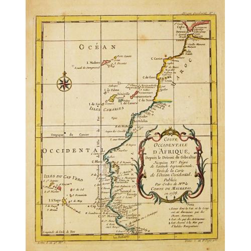 Old map image download for [Lot of 5 maps and charts of island in the South Atlantic]  Nieuwe Pascaert van de Kuste van Maroca en  Zanhaga..van C. Cantin tot C.Bajador....'t I.Lancerota en 't I.Forteventura.