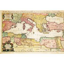 An attractive large-format map showing the whole of the Mediterranean. Embellished with a large title-cartouche and a  large cartouche with scales.