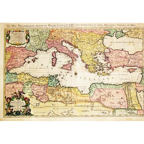 Old map image download for An attractive large-format map showing the whole of the Mediterranean. Embellished with a large title-cartouche and a  large cartouche with scales.