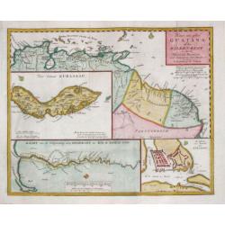 Kaart van geheel Guajana of de Wilden -Kust / Het Eiland Kurassau. / De Haven en \'t Kasteel van Kurassau / Kaart van de Volksplanting aan Demerary en Rio d\'Essequebo.