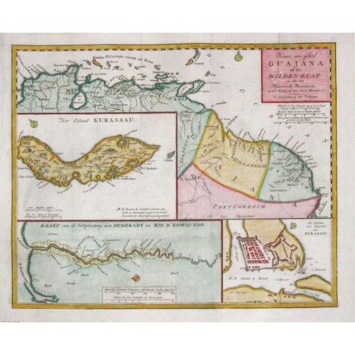 Old map image download for Kaart van geheel Guajana of de Wilden -Kust / Het Eiland Kurassau. / De Haven en \'t Kasteel van Kurassau / Kaart van de Volksplanting aan Demerary en Rio d\'Essequebo.