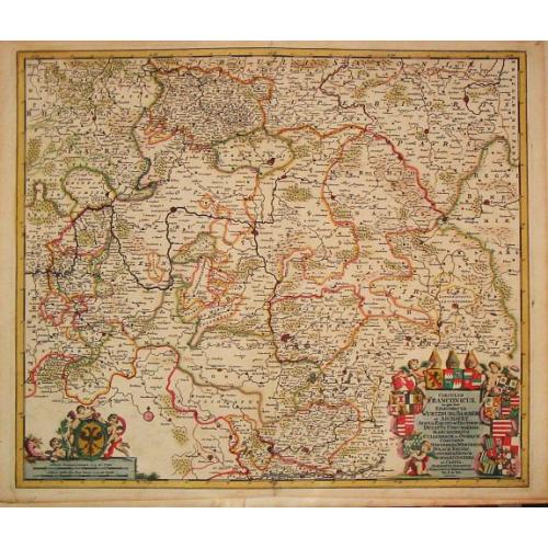 Old map image download for Circulus Franconia in quo sunt Episcopatus Wurtzburg, Bamberg et Aichstet.Ducatus Coburgensis, Marchionatus Cullembach et Onspach Comitatus Henneberg, Wertheim, Holach, Reinec, Papenheim, Erpach, Schwartzenberg, et Castel. Sensheim et Terr. Norinbergense.