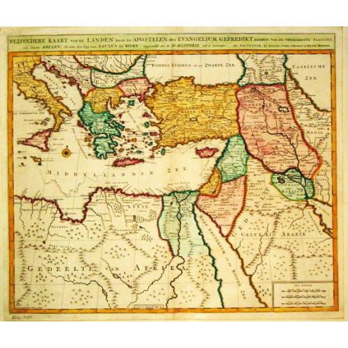 Old map image download for Byzondere Kaart van de Landen daar de Apostelen het Evangelium Gepredikt hebben?en van de weg van Paulus naar Rome.