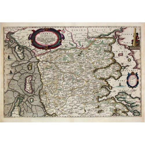 Old map image download for Ducatus Sleswici Pars Borealis. Johannnes Mejerus Husum.