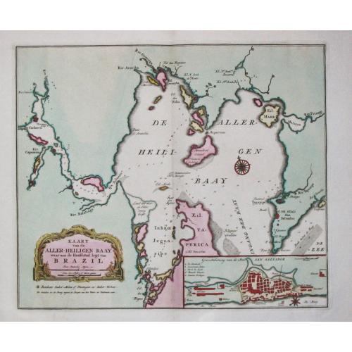 Old map image download for [Lot of 9 maps and prints].  Kaart van Brasil en de Aller-heiligen Baay waar aan  de Hoofdstad legt van Brazil.