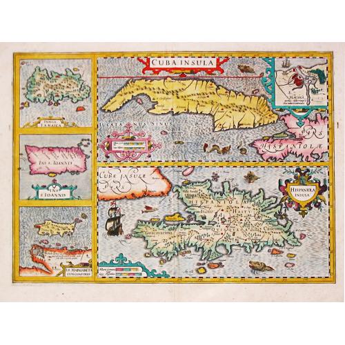Old map image download for Cuba Insula / Hispaniola insula, insets: Havanna portus, celeberrimus totius indiae Occidentalis; Insula Iamaica; Ins. S. Ioannis; Ins. Margareta Cum Confinijis.