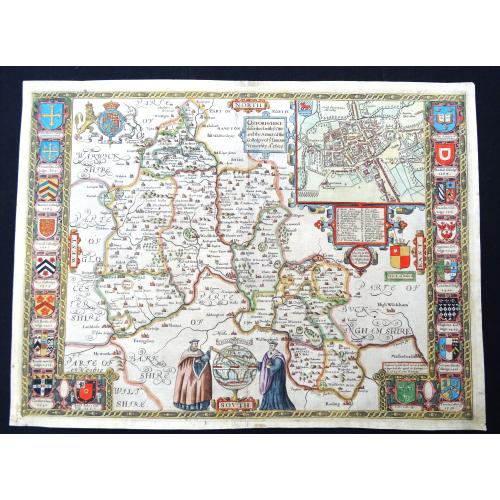 Rare, antique map of  Oxfordshire, describes with ye cities and the Armes of the colledges of ye famous university ao.1605