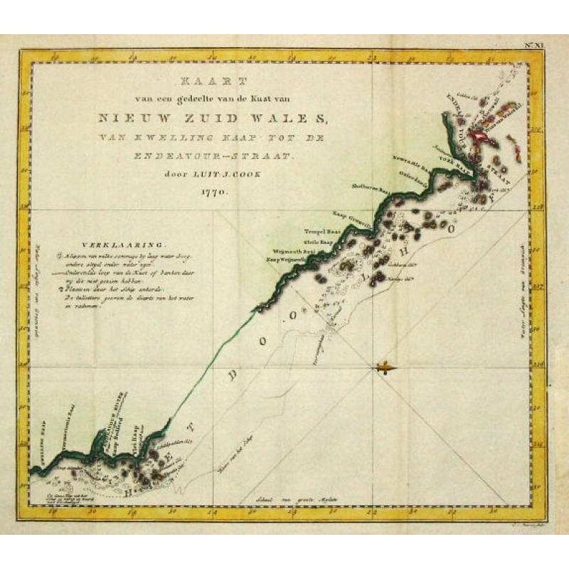Kaart. . . van de kust van Nieuw Zuid Wales van Kwelling Kaap tot de Endeavour-Straat 1770.
