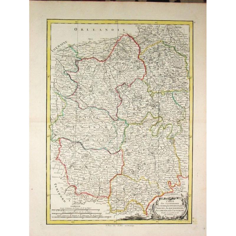 Carte des Gouvernements du Berri, du Nivernois, de la Marche, du Bourbonnois, du Limosin et de l\' Auvergne.