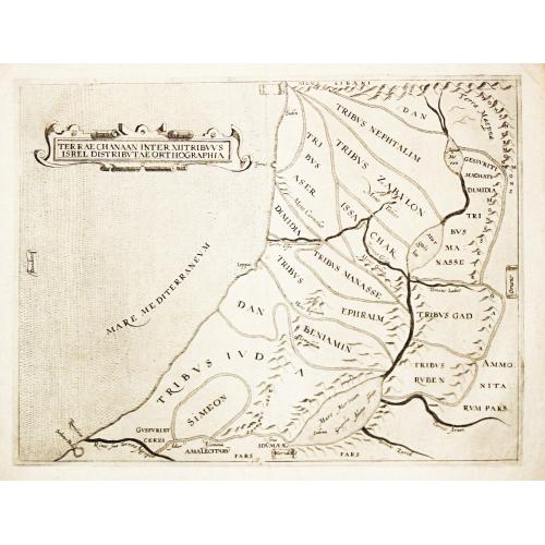 Old map image download for Terrae Chanaan Inter XII Tribuus Israel Distributae Orthographia. [Lot of 2 maps of Israel]