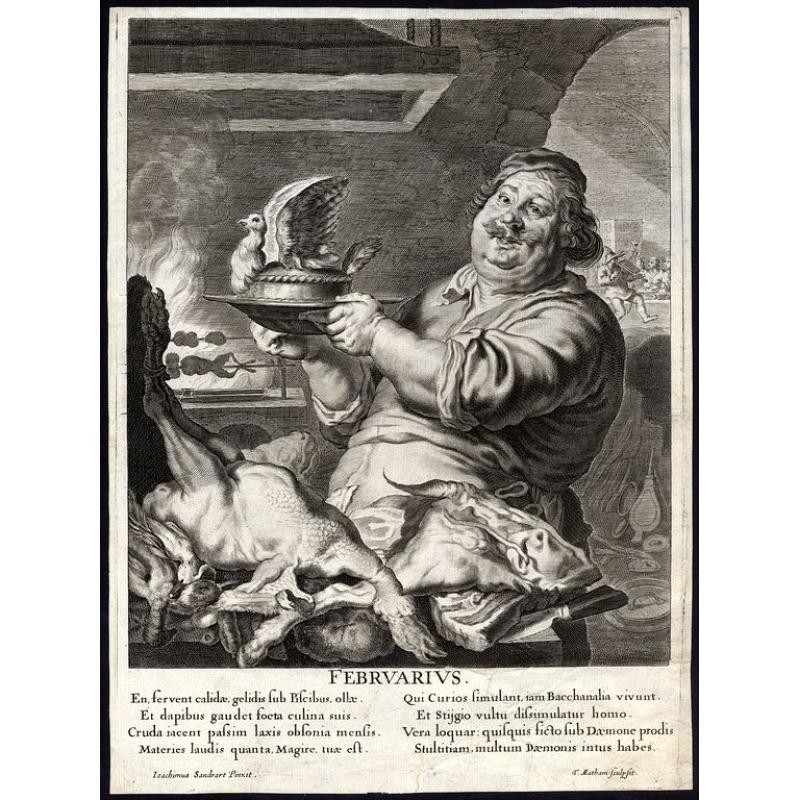 Depiction of a cook in his kitchen.