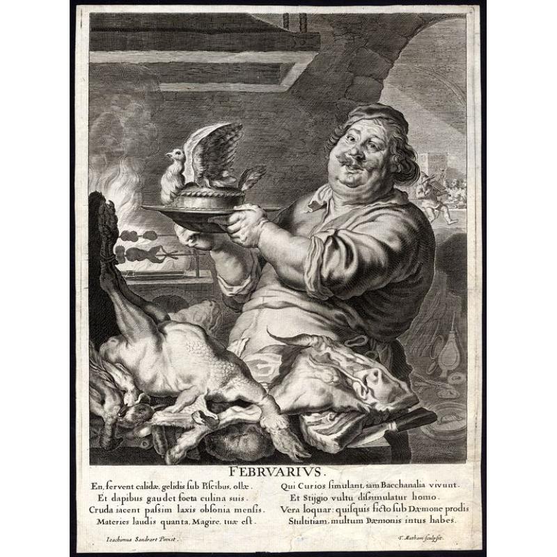 Depiction of a cook in his kitchen.