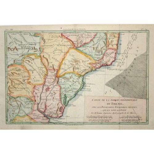 Rare, antique map of  Carte de la Partie Meridionale du Bresil.