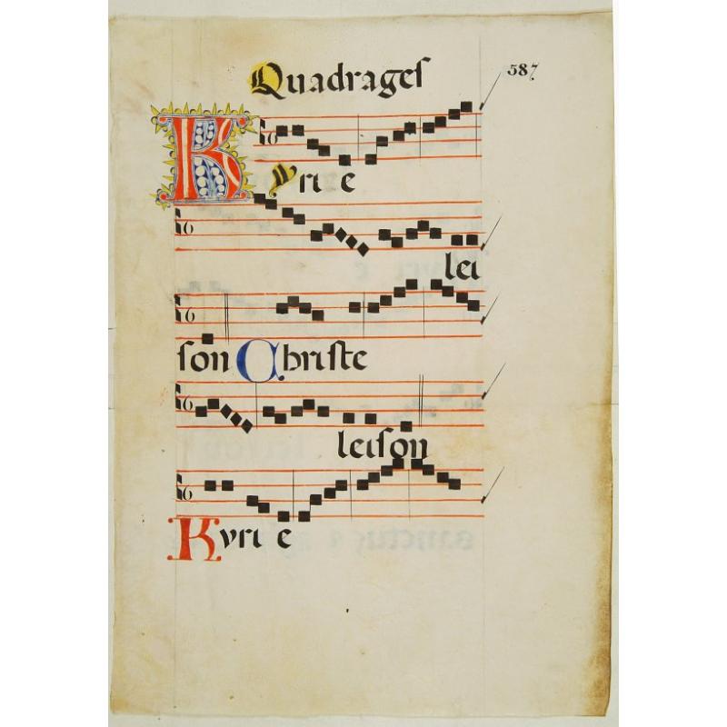Leaf from a manuscript choirbook on vellum.