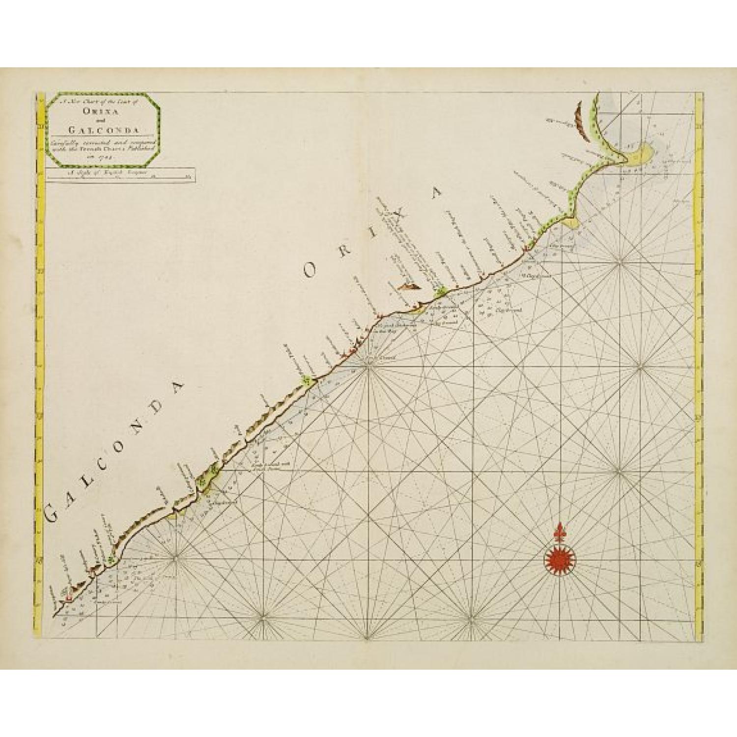 A new chart of the coast of ORIXA and GALCONDA. Carefully corrected and compared with the French charts.