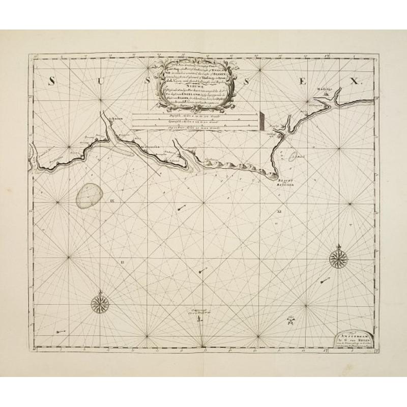 A new gradually encreasing compass-map, of a part the Sea Coasts of England .. Sussex .. Hastings to Arundel ..