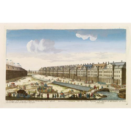 Rare, antique map of Vue des Colleges Imperiaux et du Magazin des Marchandises de l'Orient a Petersbourg. Publish'd according Ac. tot of Parliament 1750.