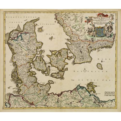 Old map image download for Dania Regnum In quo sunt Ducatus Holsatia et Slesvicum Insulae Danicae et Provinciae Iutia, Scania, Blekingia et Hallandia. Per F. de W