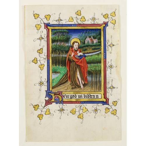 Miniature of St. John, the Baptist. Manuscript leaf on vellum from a Neo-Gothic Book of Hours.