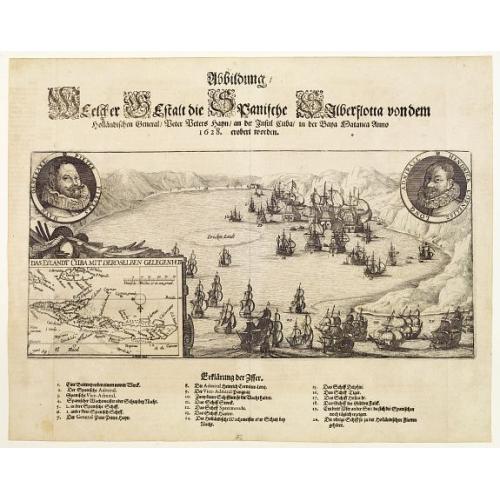 Old map image download for [Two items] Abbildung Welcher Gestalt die Spanische Silberflota von dem Hollandischen / Das Eylandt Cuba mit Deroselben Gelegenheit