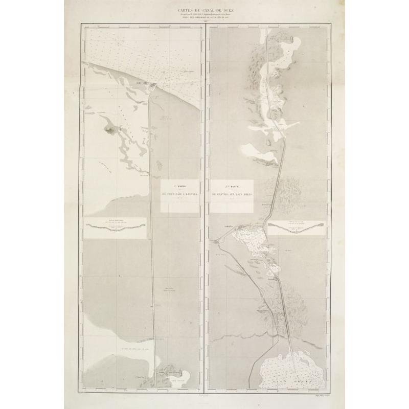 [2 sheets] Cartes du Canal de Suez.. 1ère Partie. De Port-Saïd a Kantara. 2ème Partie. De Kantara aux Lacs Amers./ 3ère Partie. De L'Entrée Nord Dans Les Lacs Amers A Suez.