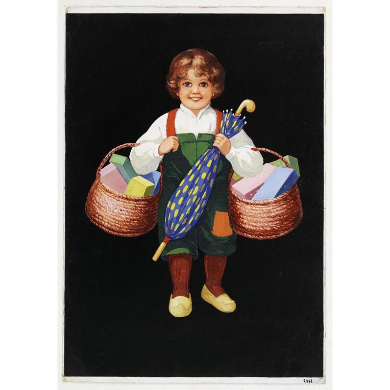Child with umbrella and 2 baskets.