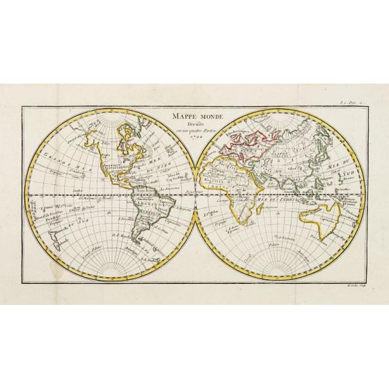 Mappe Monde Divisée en ses quatre Parties 1792.