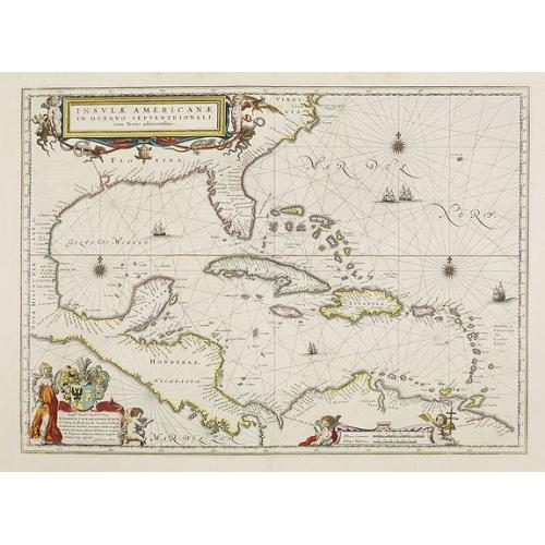 Old map image download for Insulae Americanae in Oceano Septentrionali cum Terris adiacentibus.
