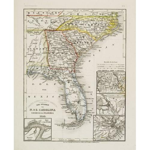 Old map image download for Die Staaten von N. & S. Carolina Georgia & Florida 1850.