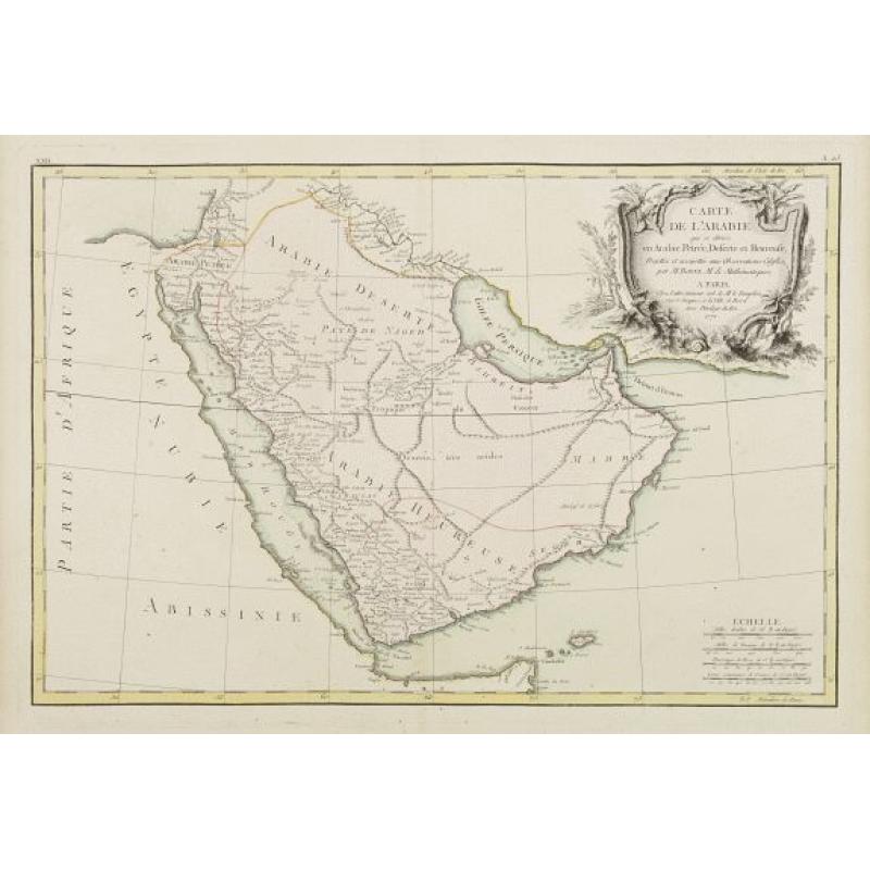 Carte de l'Arabie qui se divise en Arabie Petrée, Deserte et Heureuse..